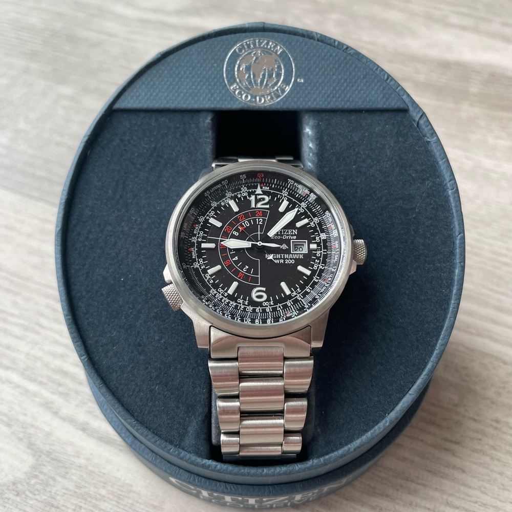 Citizen Stainless Steel Pilot-Style Watch with Black Dial and Red Accents